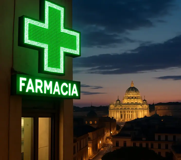 Croce segnaletica di una farmacia con la città di Roma sullo sfondo.