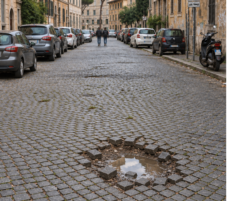 Ein Mann fotografiert mit seinem Smartphone ein Schlagloch in einer Straße in Rom