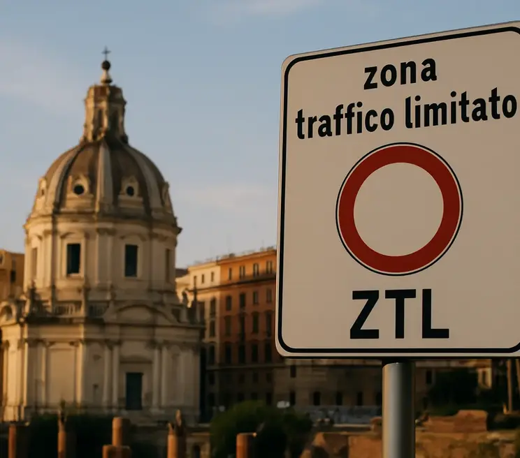 Un cartello stradale informativo su ZTL con la città di Roma sullo sfondo